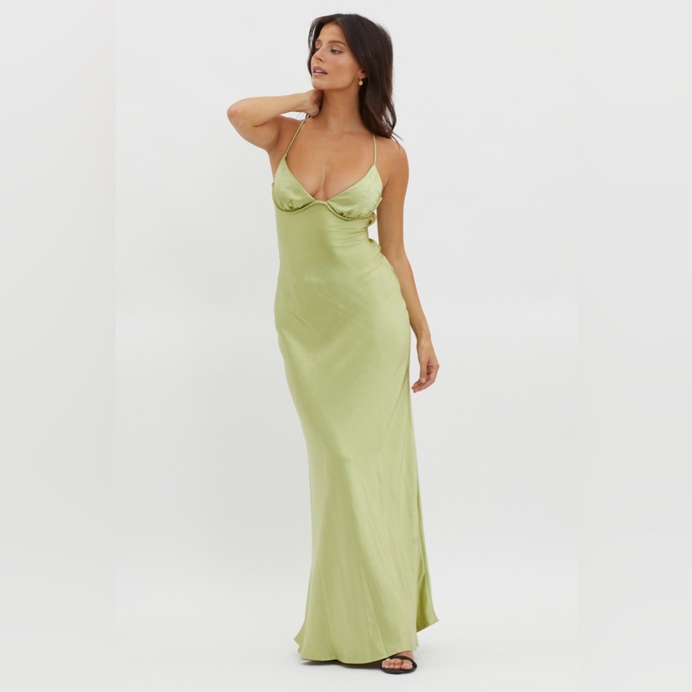 Selfie Leslie Light Green Satin Maxi Dress